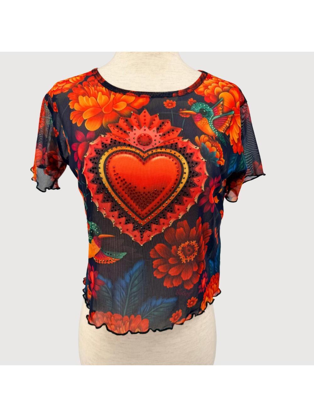 iAY GÜEY Y2K Sacred Heart Rhinestone Mesh Crop Top S